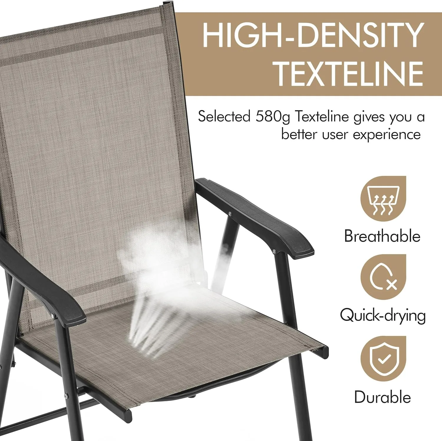 Yaheetech Patio Dining Chairs Set of 2, Portable Dining Chairs with Armrests for Camping, Lawn and Beach, Folding Patio Chairs 2-Pack of Metal Frame, Brown