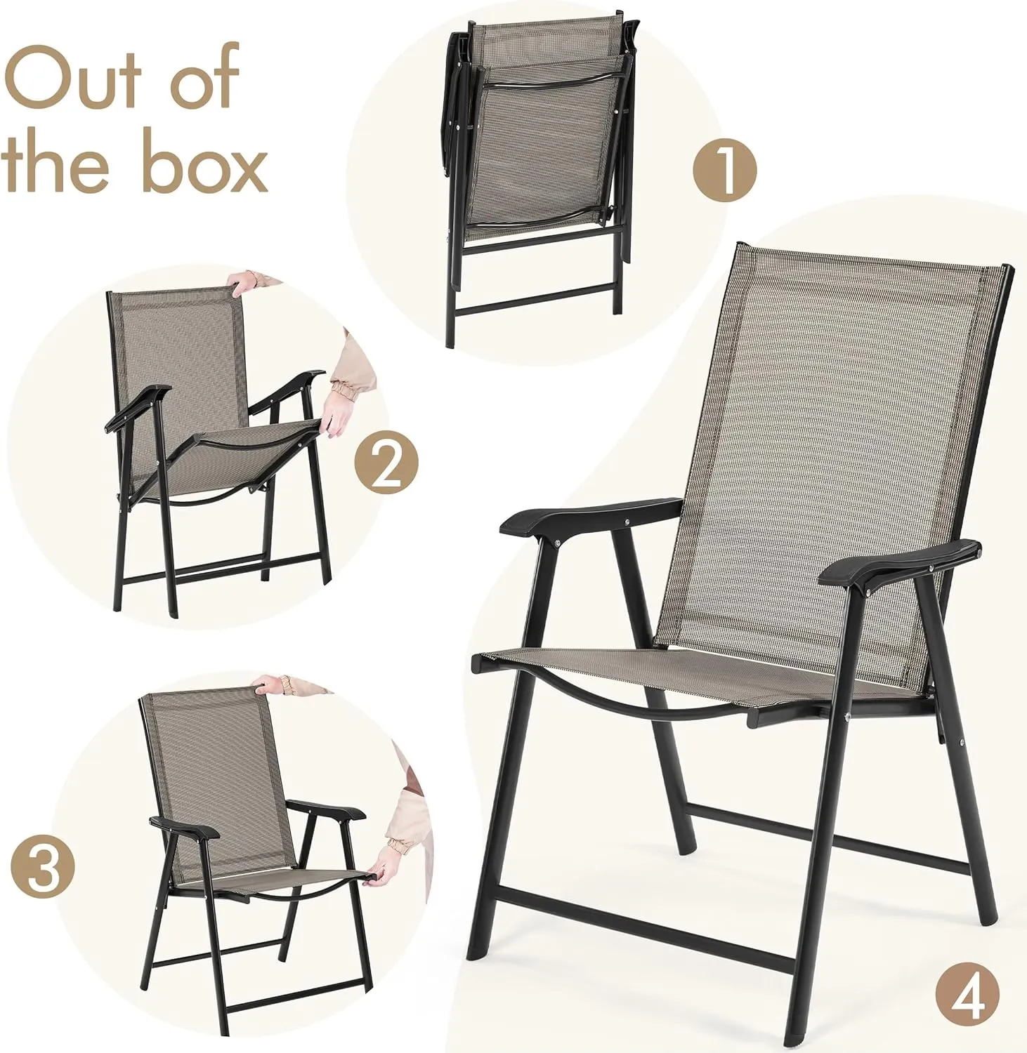 Yaheetech Patio Dining Chairs Set of 2, Portable Dining Chairs with Armrests for Camping, Lawn and Beach, Folding Patio Chairs 2-Pack of Metal Frame, Brown