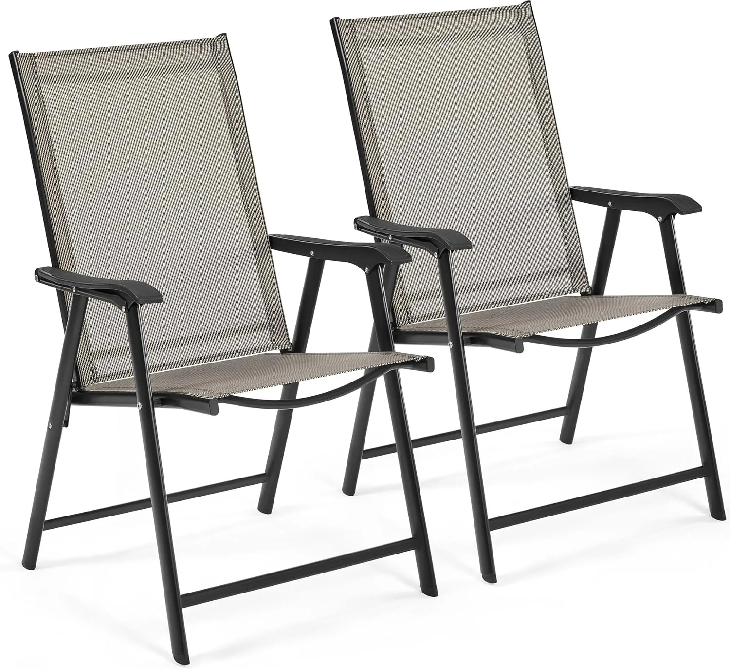 Yaheetech Patio Dining Chairs Set of 2, Portable Dining Chairs with Armrests for Camping, Lawn and Beach, Folding Patio Chairs 2-Pack of Metal Frame, Brown