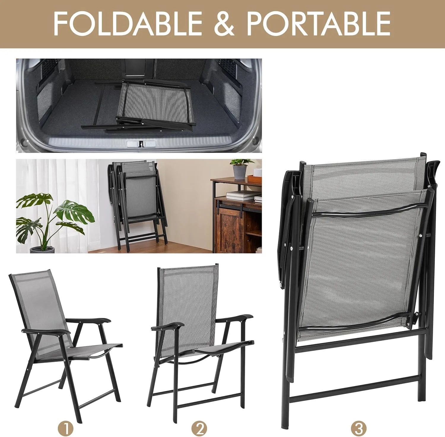 Yaheetech Patio Dining Chairs Set of 2 with Armrests, Outdoor Folding Chairs with Metal Frame and Backrest for Lawn, Garden, Yard and Poolside, Gray