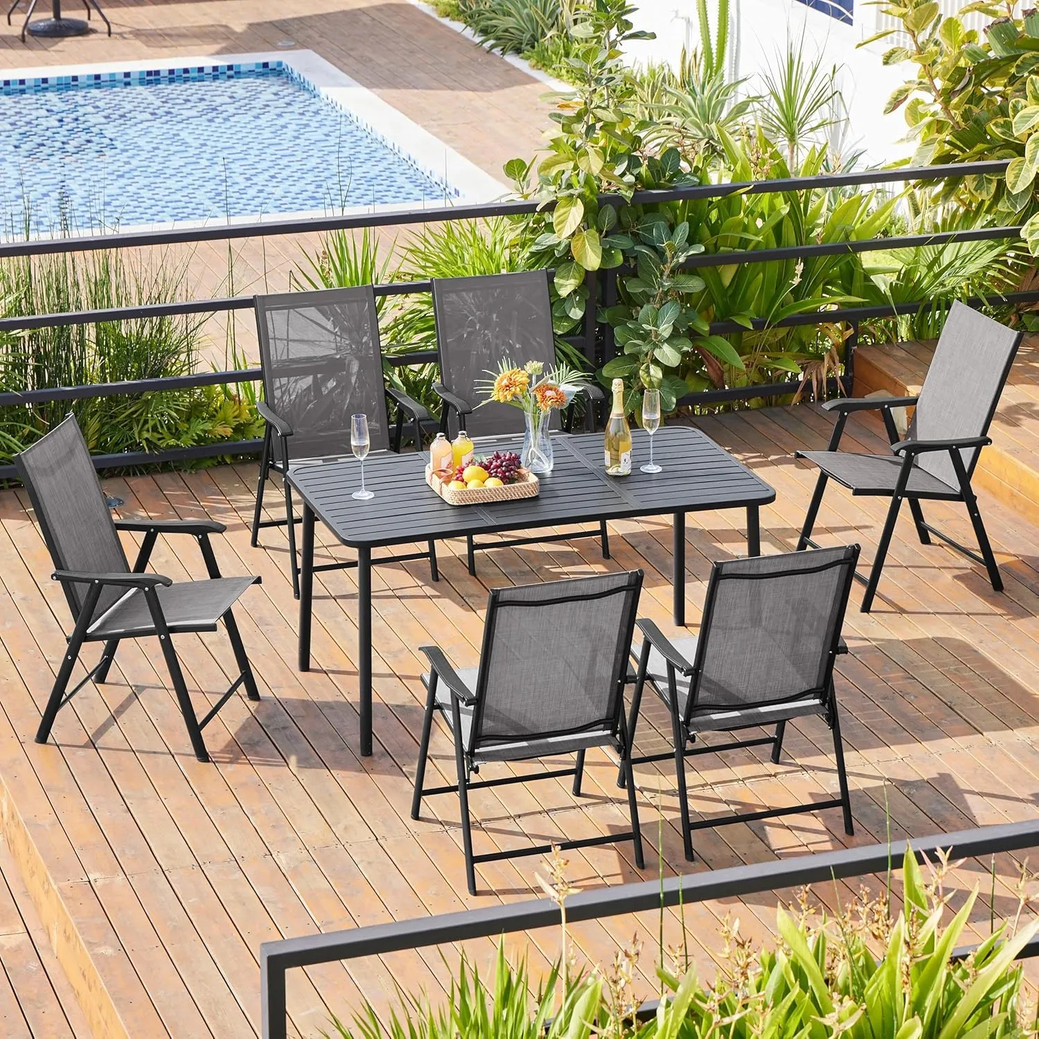 Yaheetech Patio Dining Chairs Set of 2 with Armrests, Outdoor Folding Chairs with Metal Frame and Backrest for Lawn, Garden, Yard and Poolside, Gray