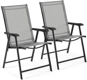 Yaheetech Patio Dining Chairs Set of 2 with Armrests, Outdoor Folding Chairs with Metal Frame and Backrest for Lawn, Garden, Yard and Poolside, Gray