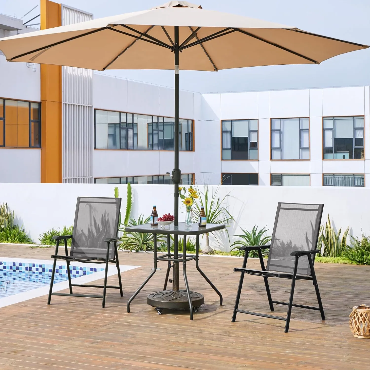 Yaheetech Patio Dining Chairs Set of 2 with Armrests, Outdoor Folding Chairs with Metal Frame and Backrest for Lawn, Garden, Yard and Poolside, Gray