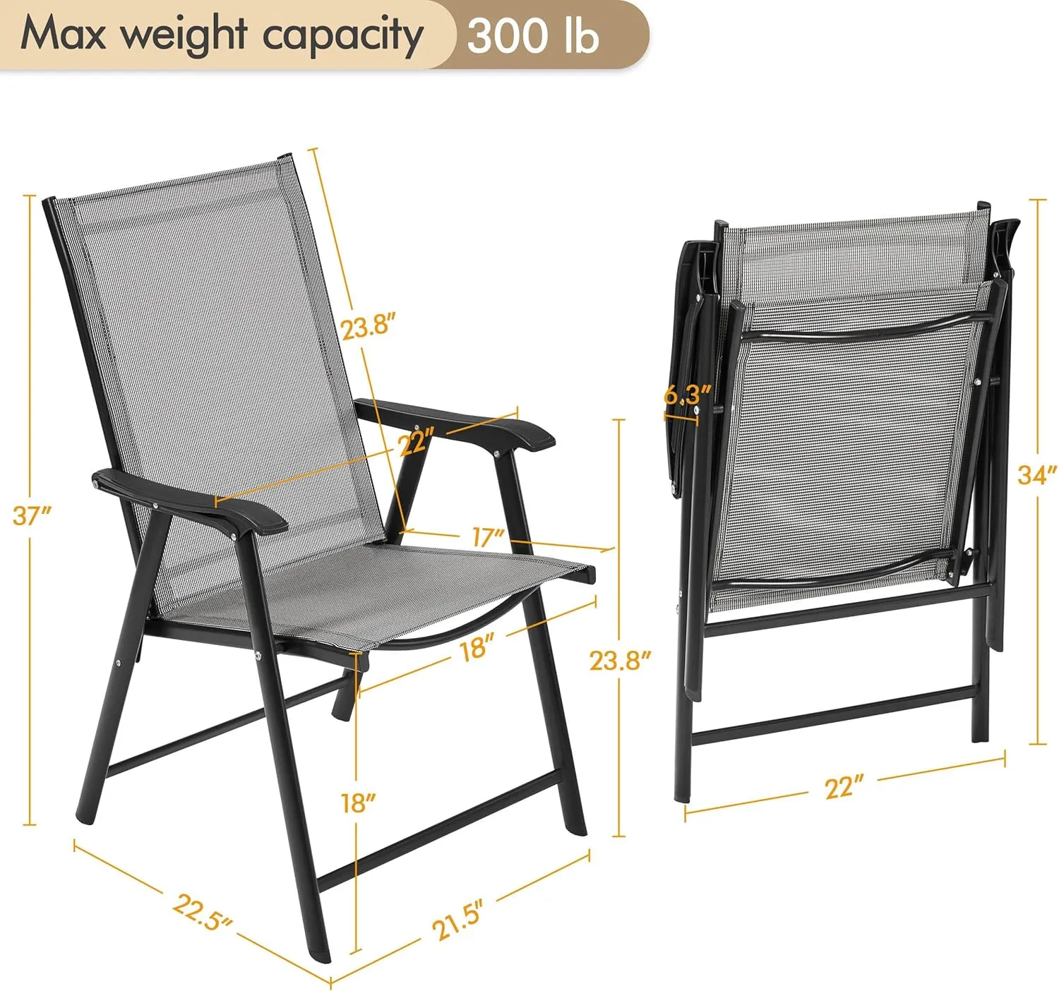 Yaheetech Patio Dining Chairs Set of 2 with Armrests, Outdoor Folding Chairs with Metal Frame and Backrest for Lawn, Garden, Yard and Poolside, Gray