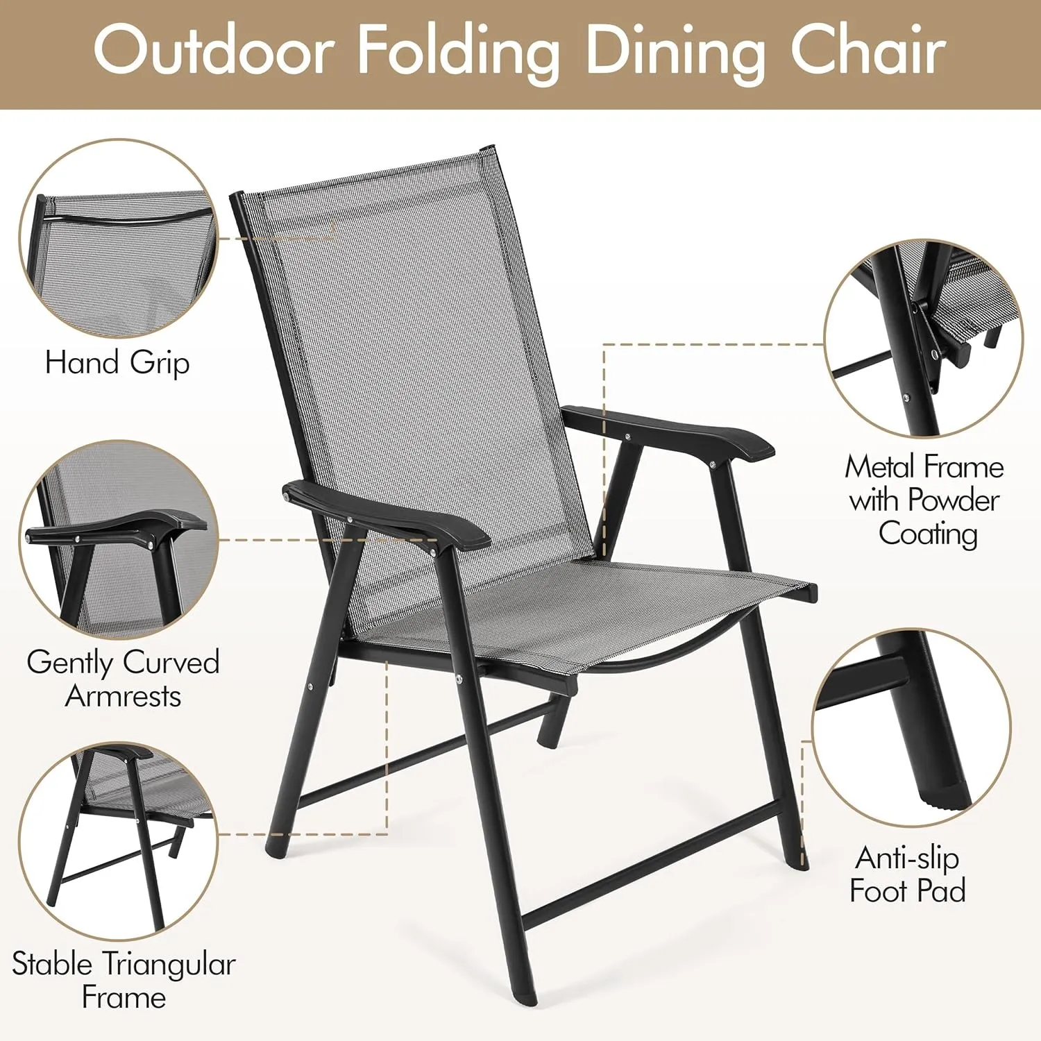 Yaheetech Patio Dining Chairs Set of 2 with Armrests, Outdoor Folding Chairs with Metal Frame and Backrest for Lawn, Garden, Yard and Poolside, Gray