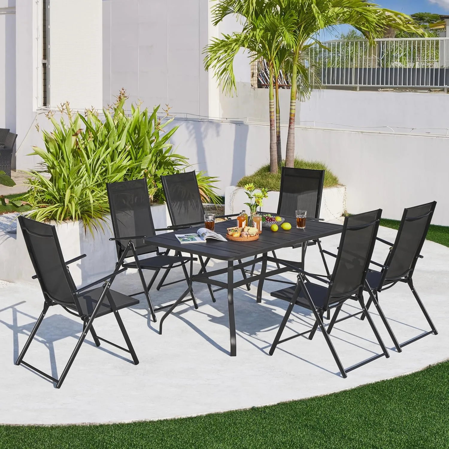 Yaheetech Patio Folding Dining Chairs Set of 4, Stackable Outdoor Lawn Chairs with 8 Adjustable Back Positions and Armrest for Garden, Lawn, Yard and Beach, Black