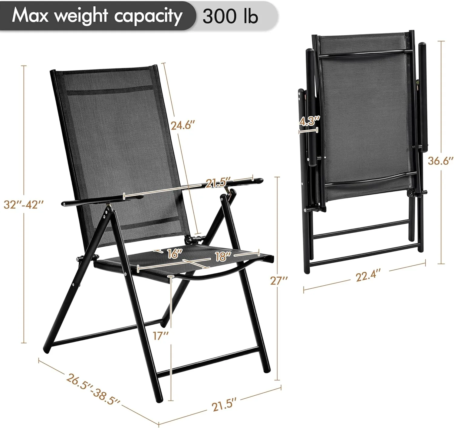Yaheetech Patio Folding Dining Chairs Set of 4, Stackable Outdoor Lawn Chairs with 8 Adjustable Back Positions and Armrest for Garden, Lawn, Yard and Beach, Black