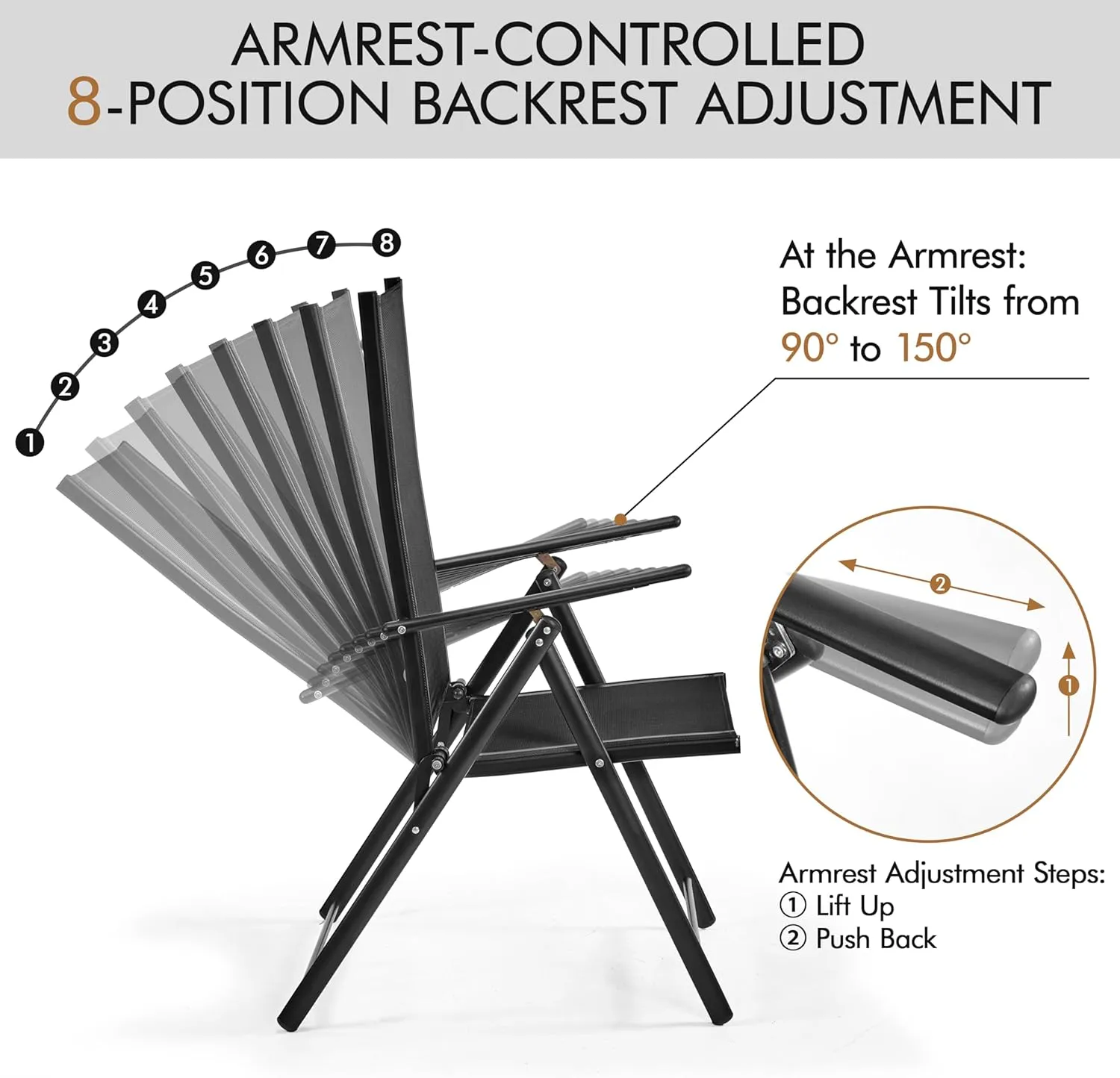 Yaheetech Patio Folding Dining Chairs Set of 4, Stackable Outdoor Lawn Chairs with 8 Adjustable Back Positions and Armrest for Garden, Lawn, Yard and Beach, Black