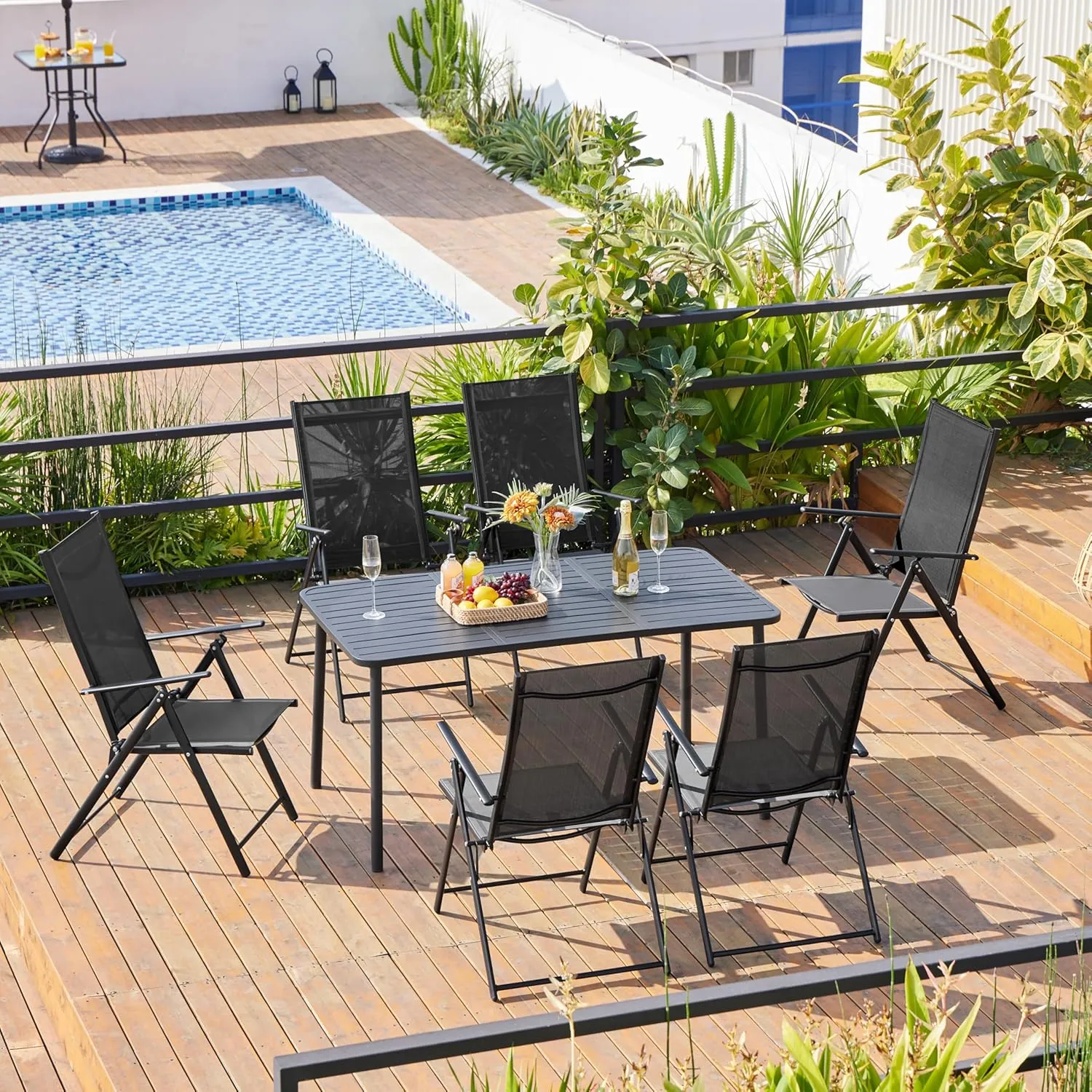 Yaheetech Patio Folding Dining Chairs Set of 4, Stackable Outdoor Lawn Chairs with 8 Adjustable Back Positions and Armrest for Garden, Lawn, Yard and Beach, Black