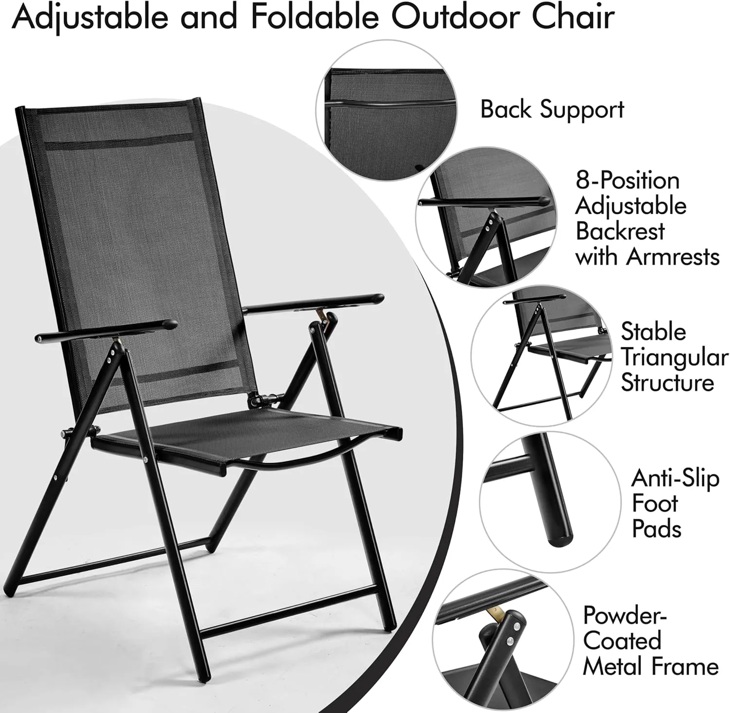 Yaheetech Patio Folding Dining Chairs Set of 4, Stackable Outdoor Lawn Chairs with 8 Adjustable Back Positions and Armrest for Garden, Lawn, Yard and Beach, Black