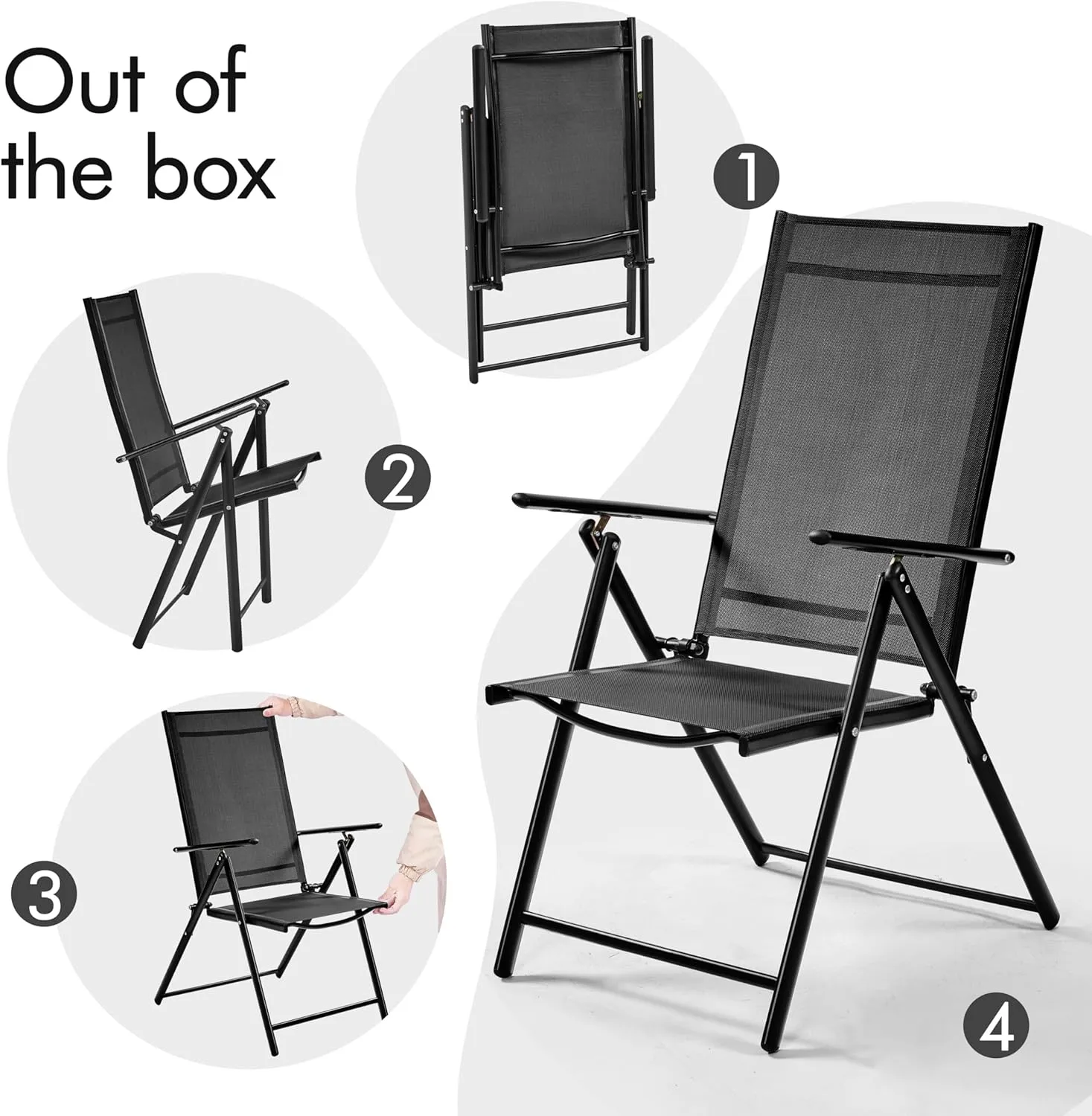 Yaheetech Patio Folding Dining Chairs Set of 4, Stackable Outdoor Lawn Chairs with 8 Adjustable Back Positions and Armrest for Garden, Lawn, Yard and Beach, Black