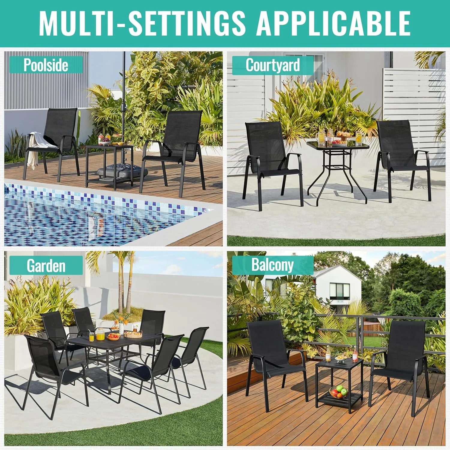 Yaheetech Set of 4 Patio Dining Chairs, Outdoor Stackable Patio Chairs with Backrest/Armrests, All Weather Chairs for Garden/Lawn/Porch/Backyard Pool, Black