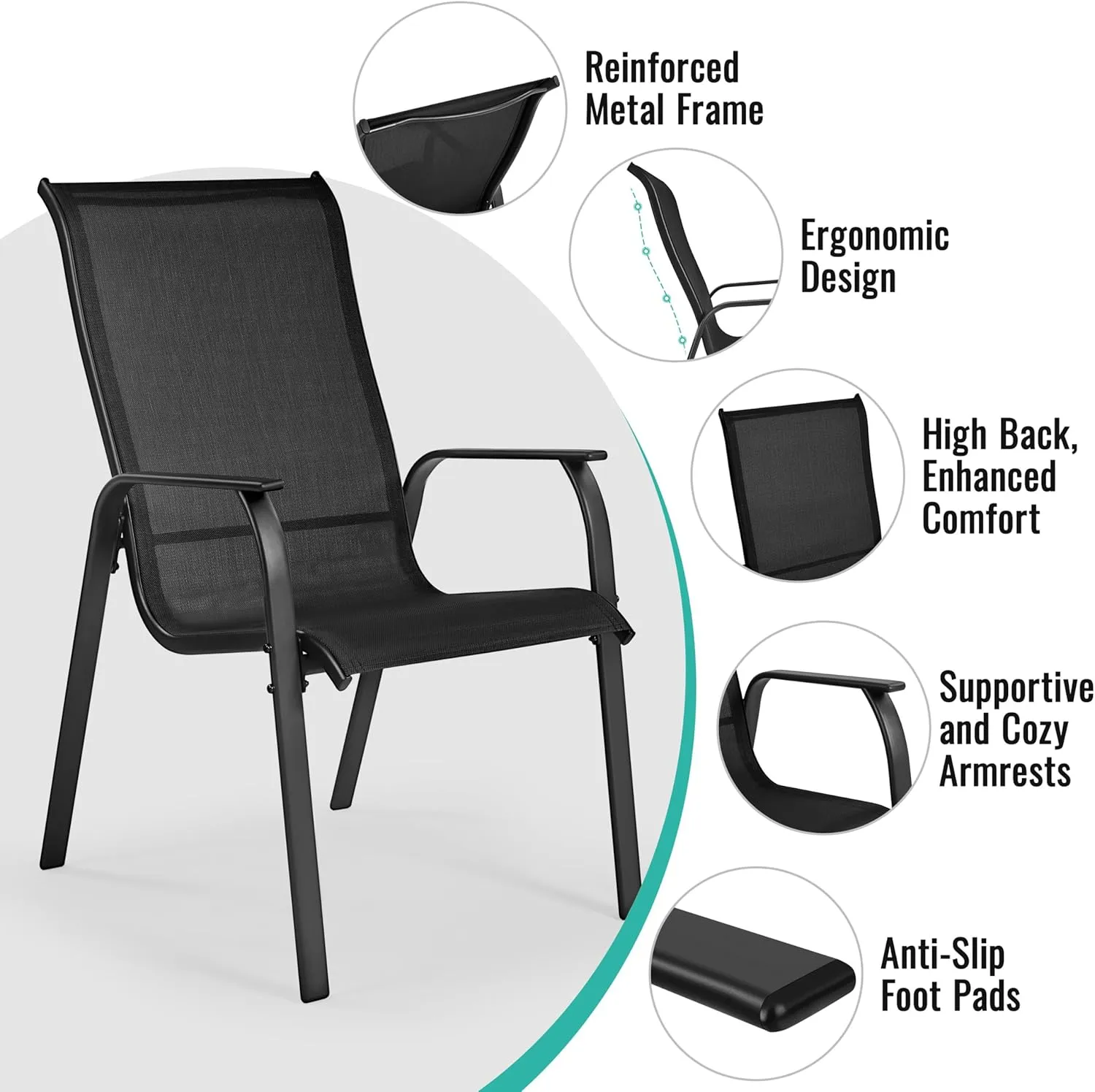 Yaheetech Set of 4 Patio Dining Chairs, Outdoor Stackable Patio Chairs with Backrest/Armrests, All Weather Chairs for Garden/Lawn/Porch/Backyard Pool, Black