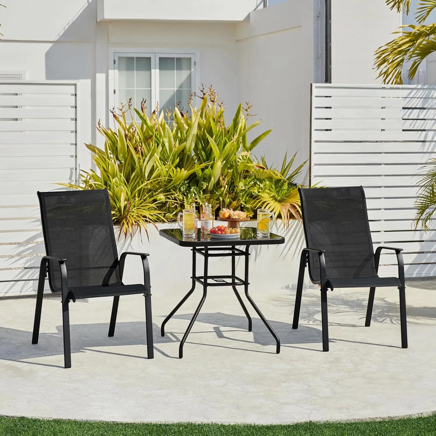 Yaheetech Set of 4 Patio Dining Chairs, Outdoor Stackable Patio Chairs with Backrest/Armrests, All Weather Chairs for Garden/Lawn/Porch/Backyard Pool, Black