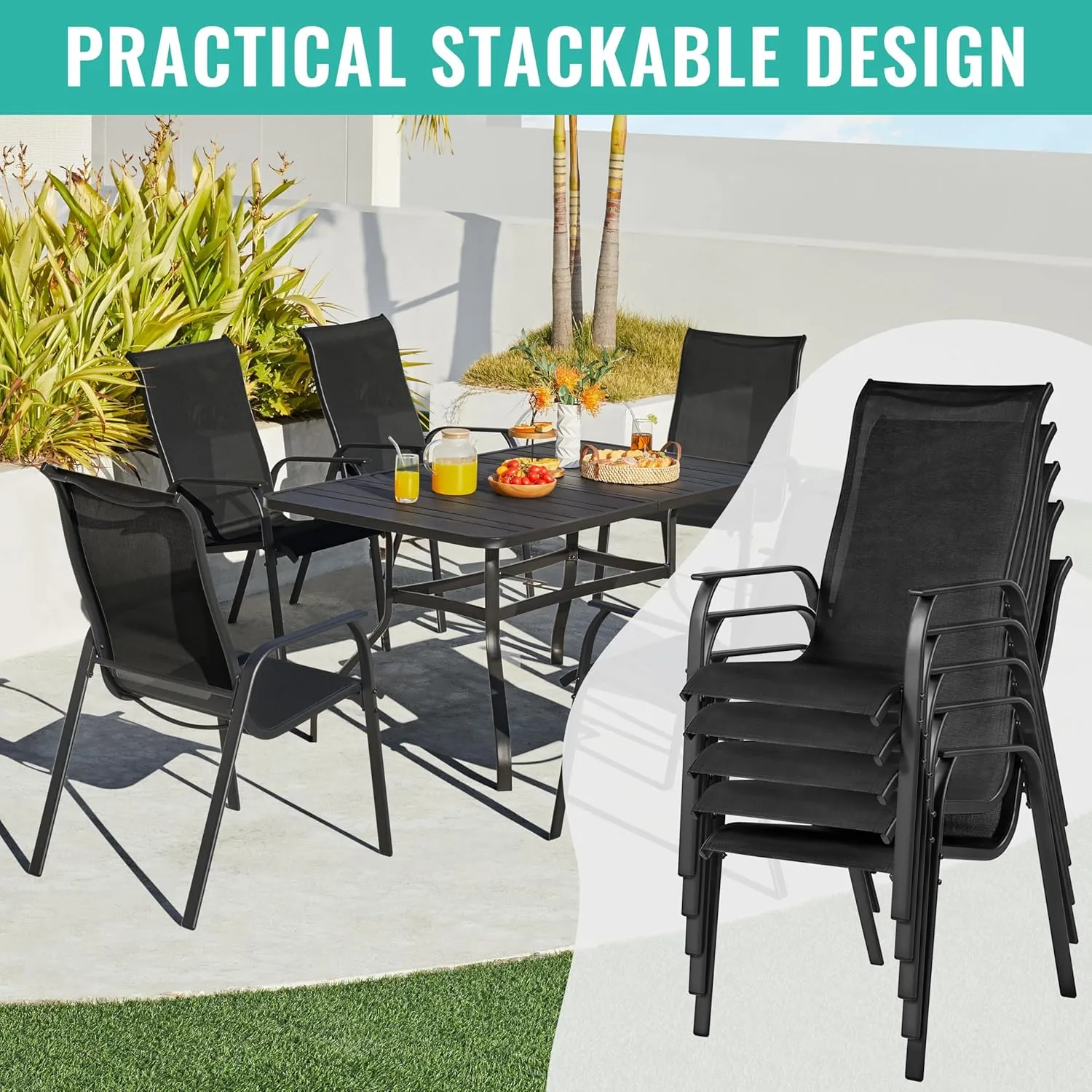 Yaheetech Set of 4 Patio Dining Chairs, Outdoor Stackable Patio Chairs with Backrest/Armrests, All Weather Chairs for Garden/Lawn/Porch/Backyard Pool, Black