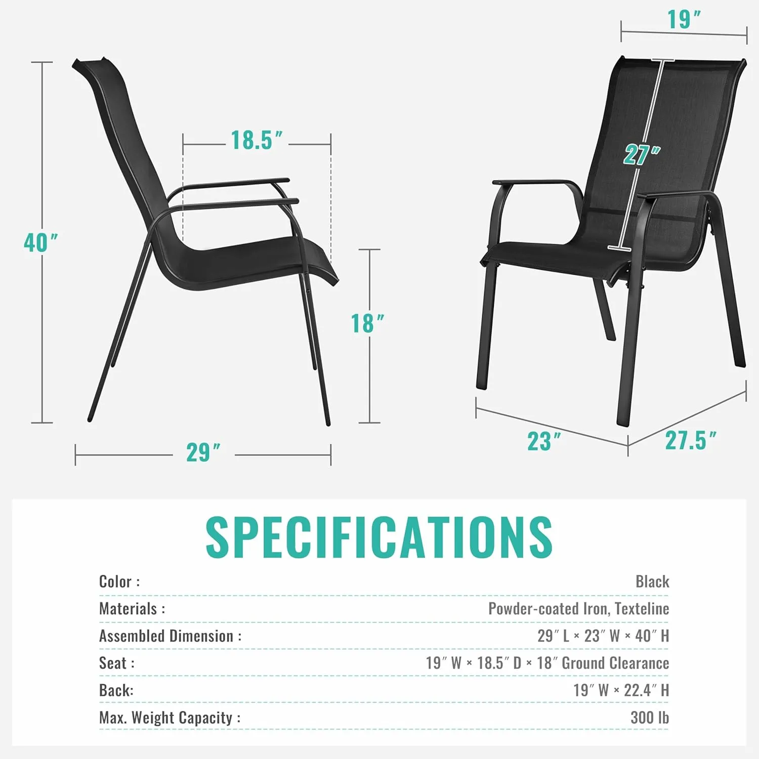 Yaheetech Set of 4 Patio Dining Chairs, Outdoor Stackable Patio Chairs with Backrest/Armrests, All Weather Chairs for Garden/Lawn/Porch/Backyard Pool, Black
