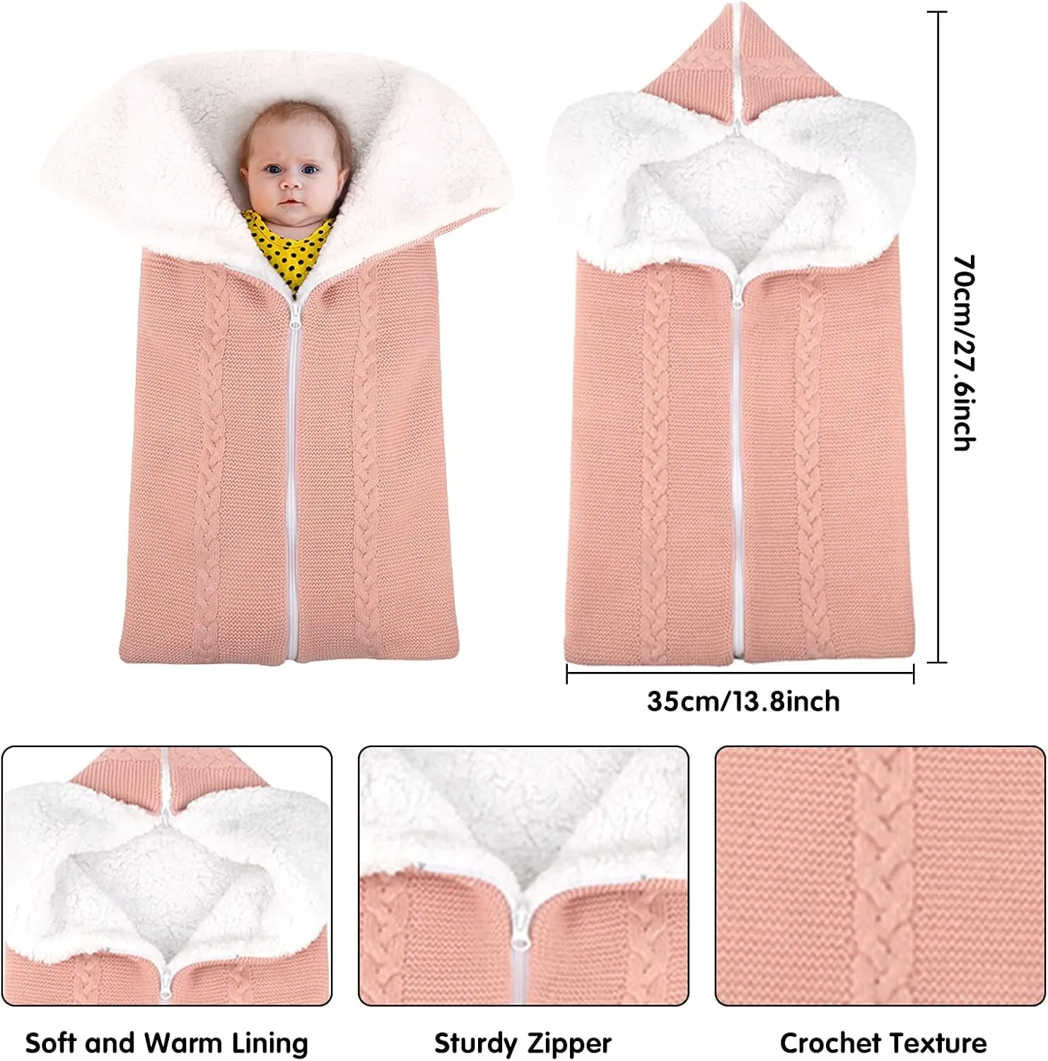 Yanmucy Baby Swaddle Blanket Wrap Knitted Sleeping Bag Sack Newborn Baby Thick Fleece Stroller Wrap Nursery Receiving Blanket for 0-12 Months (Pink)