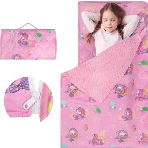 YCDTMY Nap Mat 55‘’*29‘’, Cotton Nap Mats for Preschool with Removable Pillow Minky Blanket, Toddler Sleeping Bag Nap Mats for Daycare Kindergarten, Girls Sleepping Mat Pink Mermaid