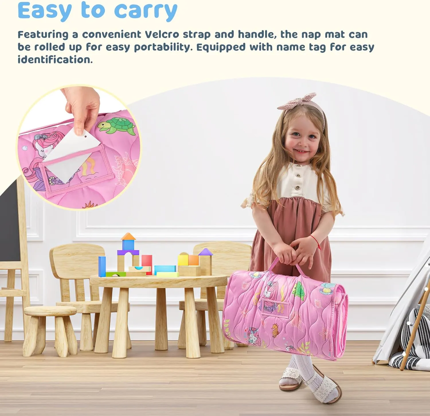 YCDTMY Nap Mat 55‘’*29‘’, Cotton Nap Mats for Preschool with Removable Pillow Minky Blanket, Toddler Sleeping Bag Nap Mats for Daycare Kindergarten, Girls Sleepping Mat Pink Mermaid