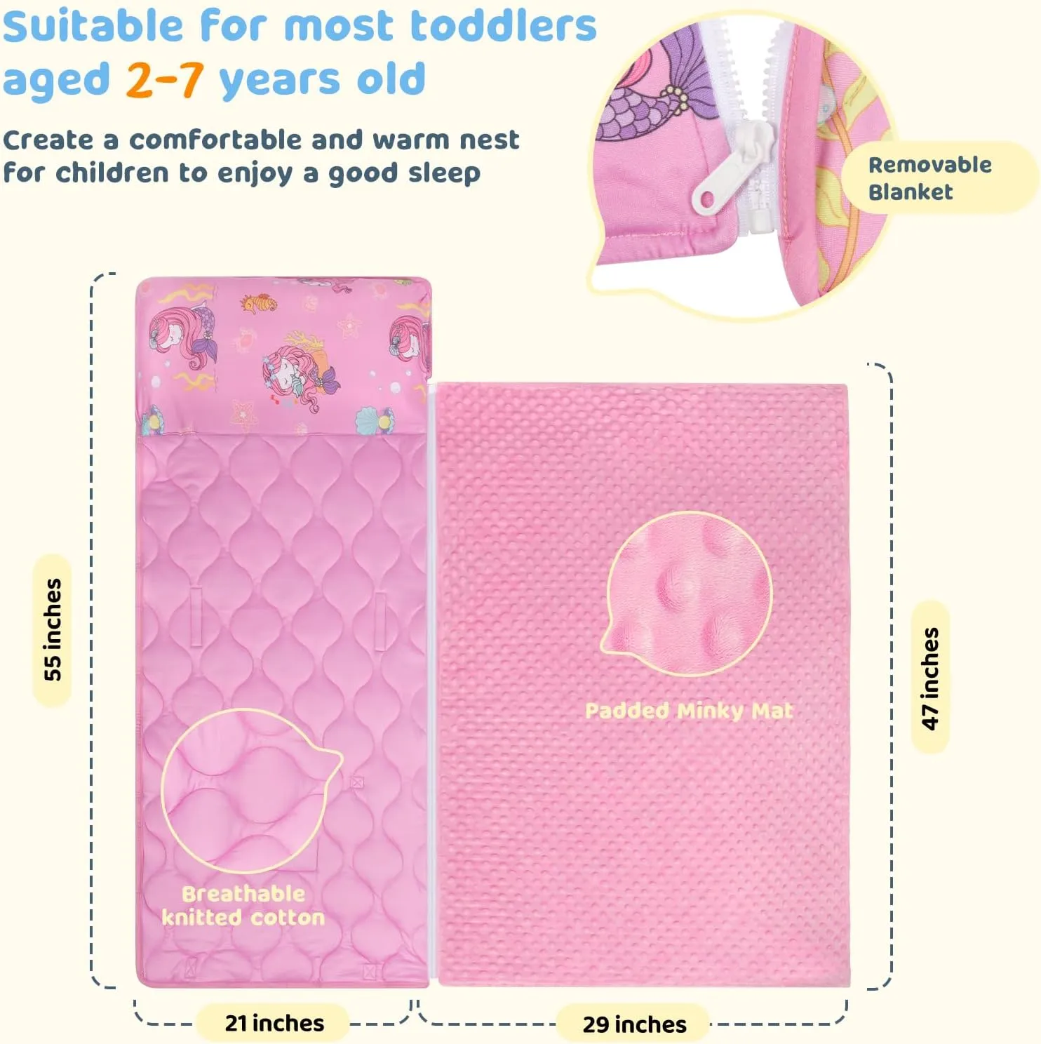 YCDTMY Nap Mat 55‘’*29‘’, Cotton Nap Mats for Preschool with Removable Pillow Minky Blanket, Toddler Sleeping Bag Nap Mats for Daycare Kindergarten, Girls Sleepping Mat Pink Mermaid
