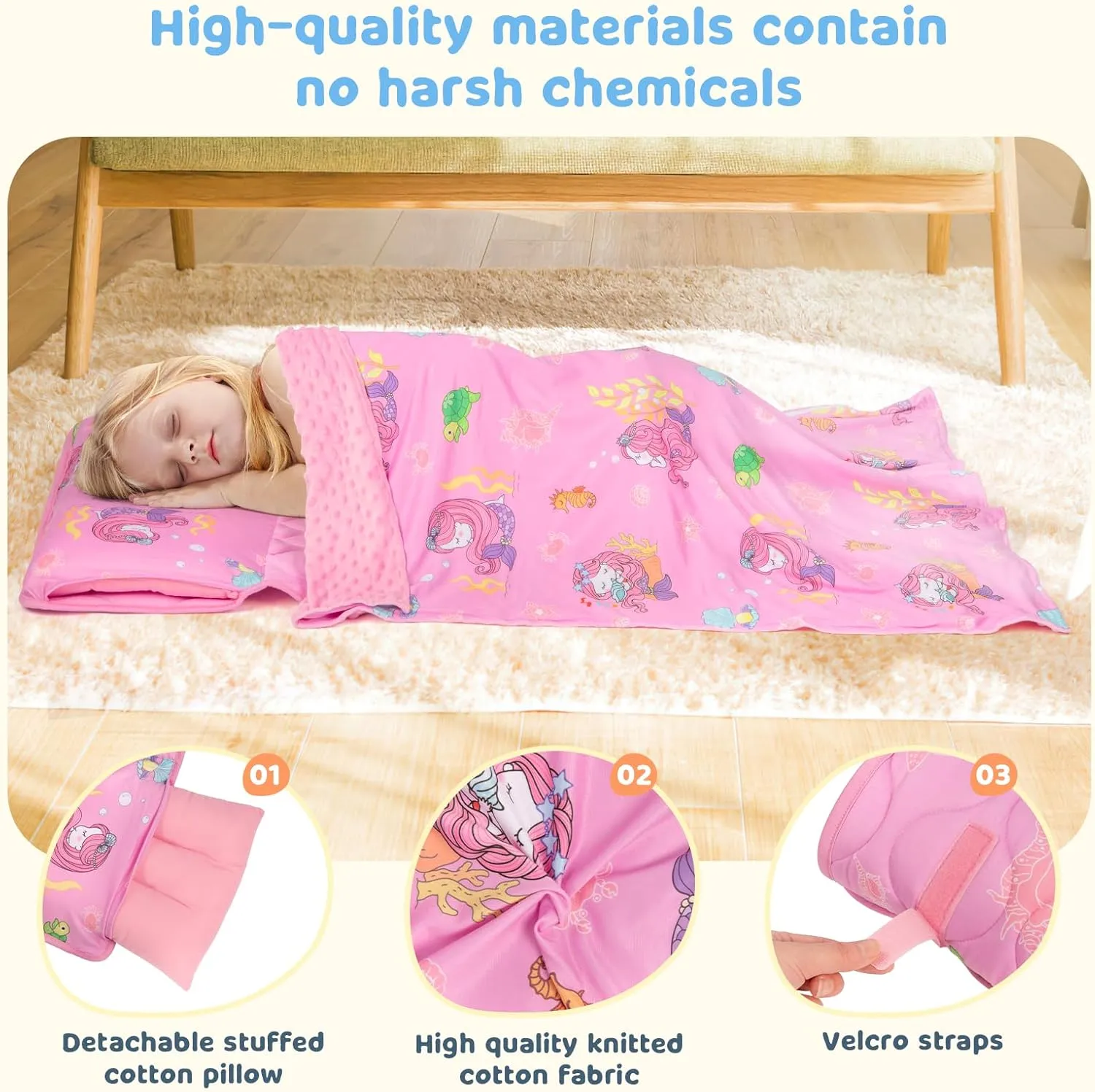 YCDTMY Nap Mat 55‘’*29‘’, Cotton Nap Mats for Preschool with Removable Pillow Minky Blanket, Toddler Sleeping Bag Nap Mats for Daycare Kindergarten, Girls Sleepping Mat Pink Mermaid