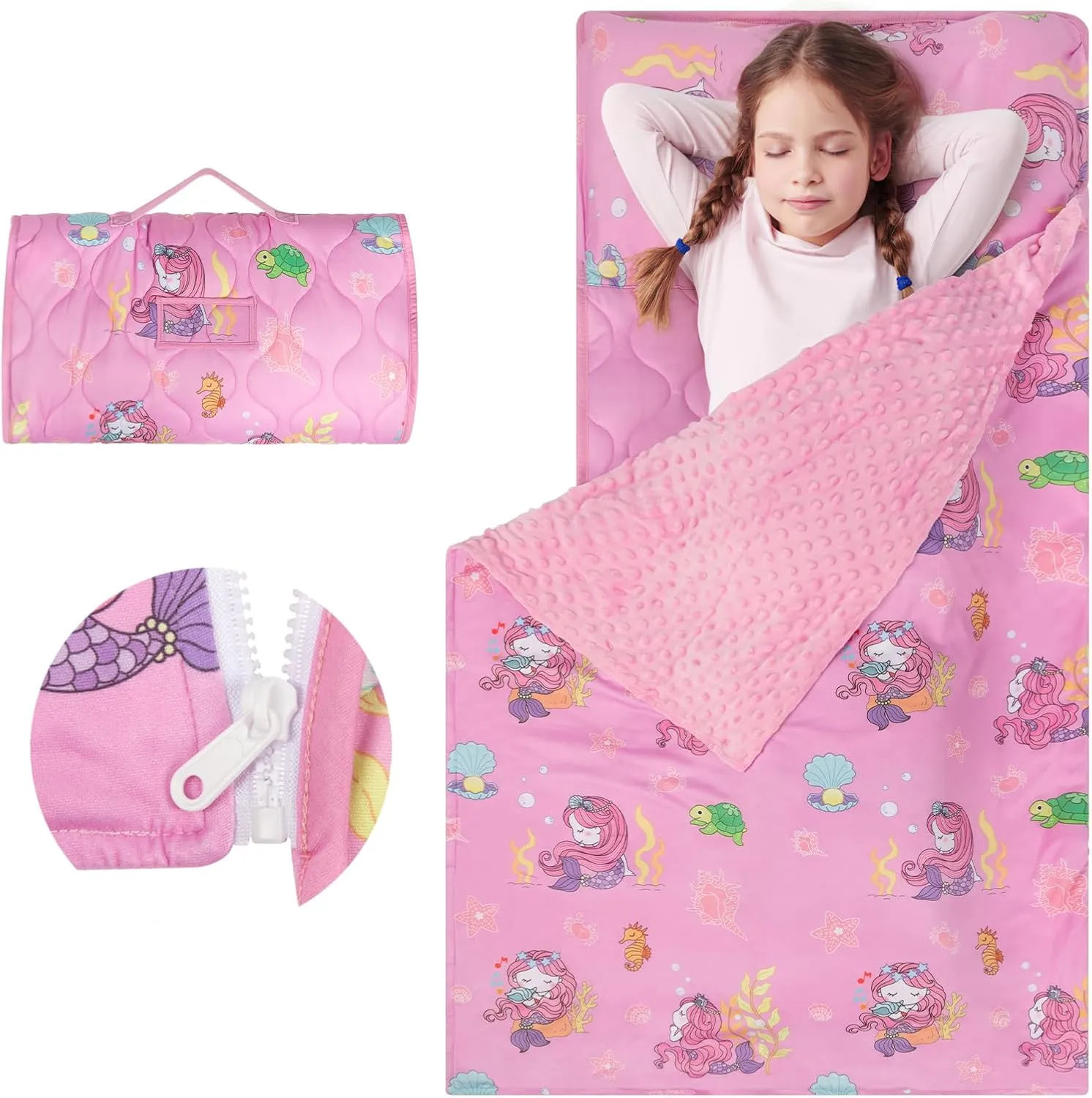 YCDTMY Nap Mat 55‘’*29‘’, Cotton Nap Mats for Preschool with Removable Pillow Minky Blanket, Toddler Sleeping Bag Nap Mats for Daycare Kindergarten, Girls Sleepping Mat Pink Mermaid