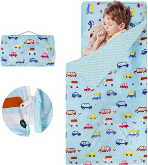YCDTMY Nap Mats with Pillow 55‘’*29‘’, Cotton Toddler Sleeping Bag with Removable Minky Blanket, Daycare Nap Mat for Preschool Kindergarten, Kids Sleep Mat Napping Mat for 2-7 Years, Blue Car