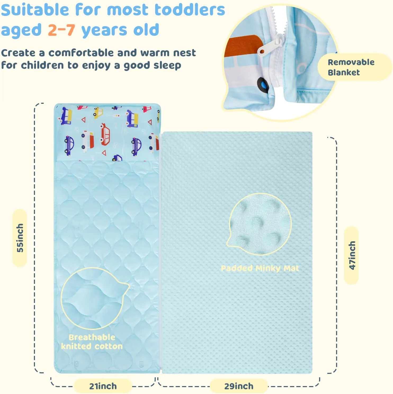YCDTMY Nap Mats with Pillow 55‘’*29‘’, Cotton Toddler Sleeping Bag with Removable Minky Blanket, Daycare Nap Mat for Preschool Kindergarten, Kids Sleep Mat Napping Mat for 2-7 Years, Blue Car