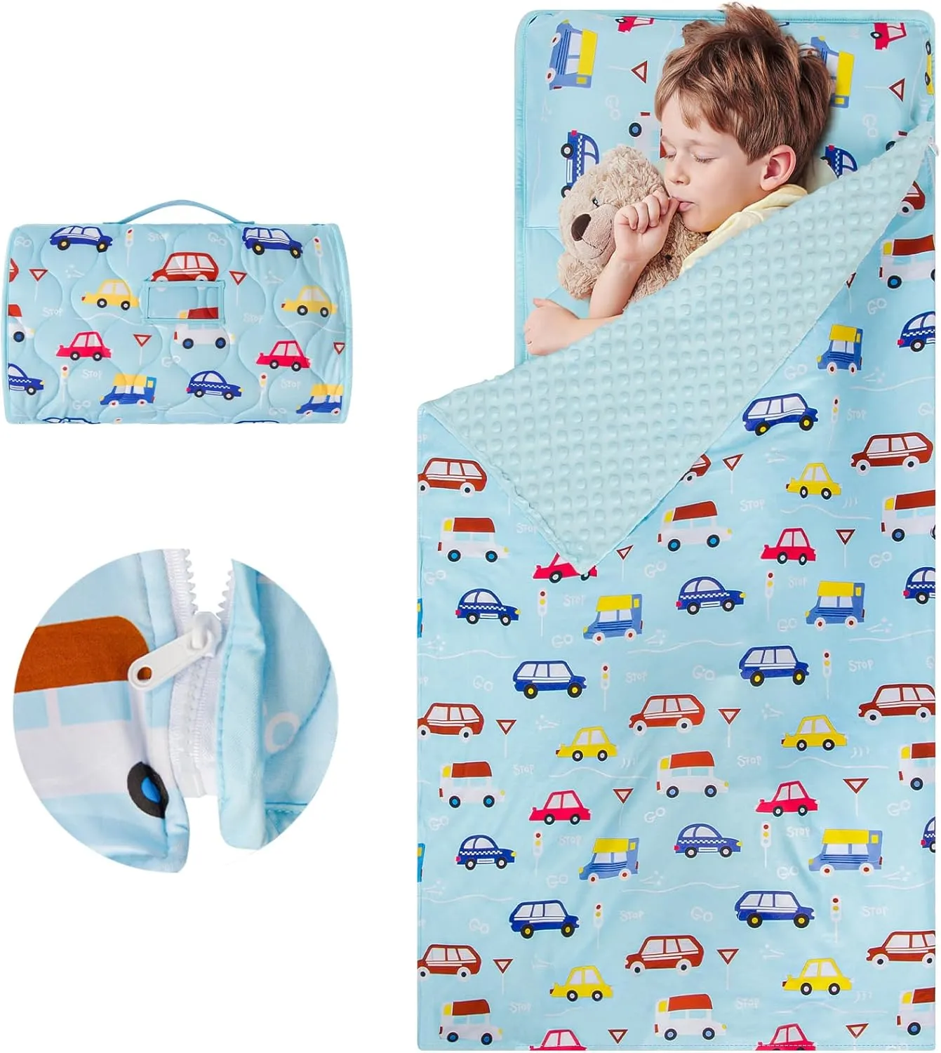 YCDTMY Nap Mats with Pillow 55‘’*29‘’, Cotton Toddler Sleeping Bag with Removable Minky Blanket, Daycare Nap Mat for Preschool Kindergarten, Kids Sleep Mat Napping Mat for 2-7 Years, Blue Car