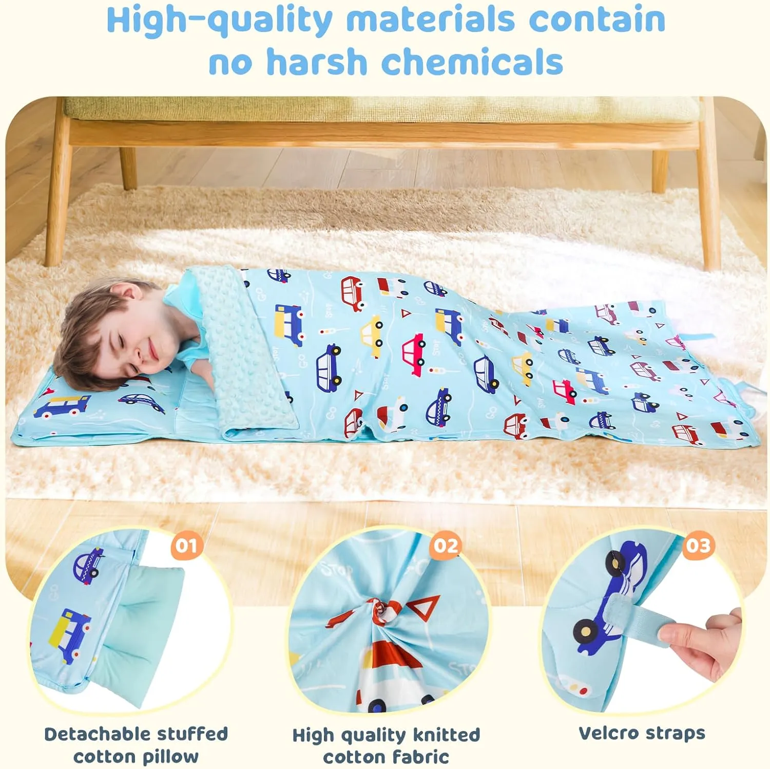 YCDTMY Nap Mats with Pillow 55‘’*29‘’, Cotton Toddler Sleeping Bag with Removable Minky Blanket, Daycare Nap Mat for Preschool Kindergarten, Kids Sleep Mat Napping Mat for 2-7 Years, Blue Car