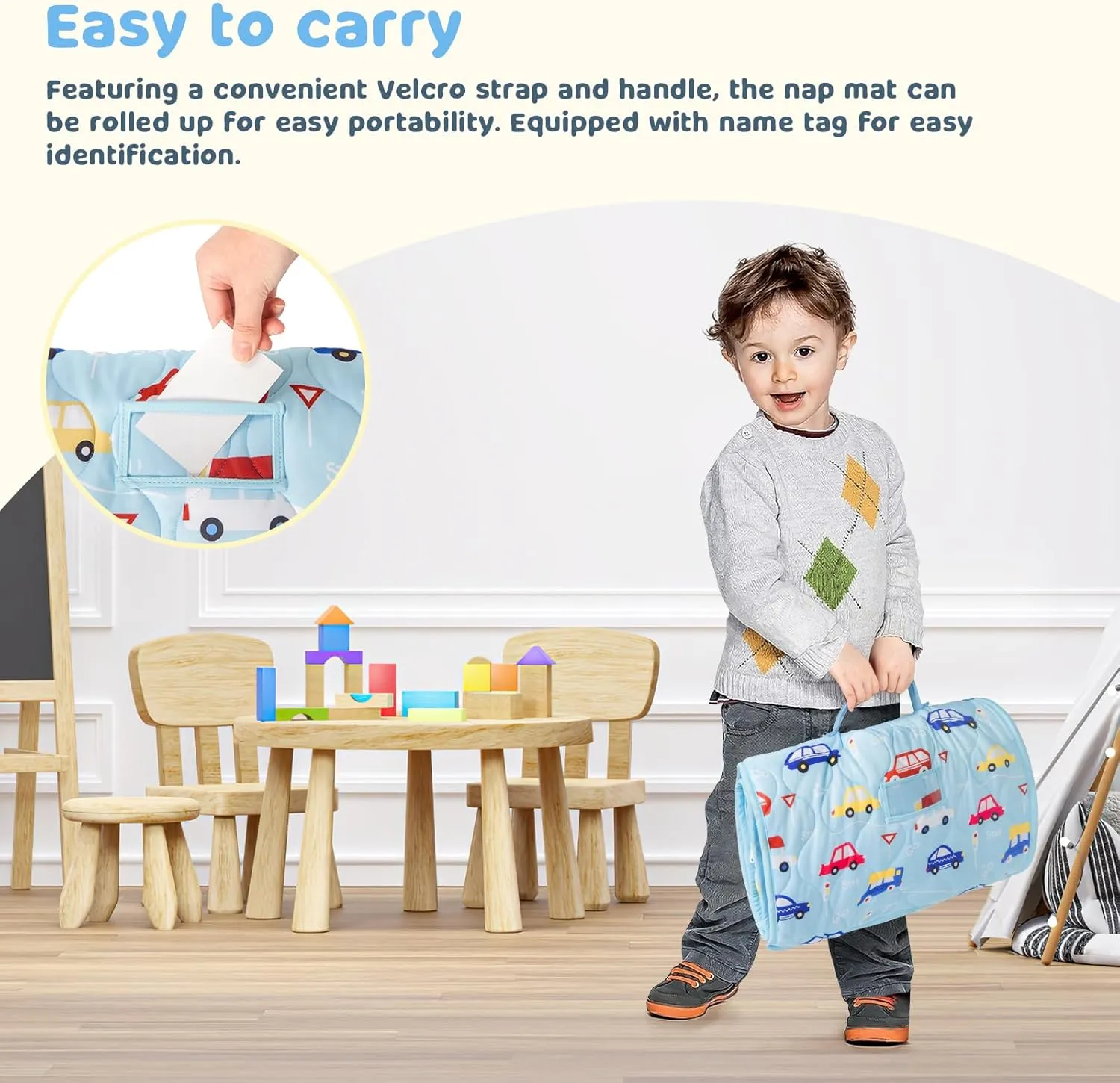 YCDTMY Nap Mats with Pillow 55‘’*29‘’, Cotton Toddler Sleeping Bag with Removable Minky Blanket, Daycare Nap Mat for Preschool Kindergarten, Kids Sleep Mat Napping Mat for 2-7 Years, Blue Car