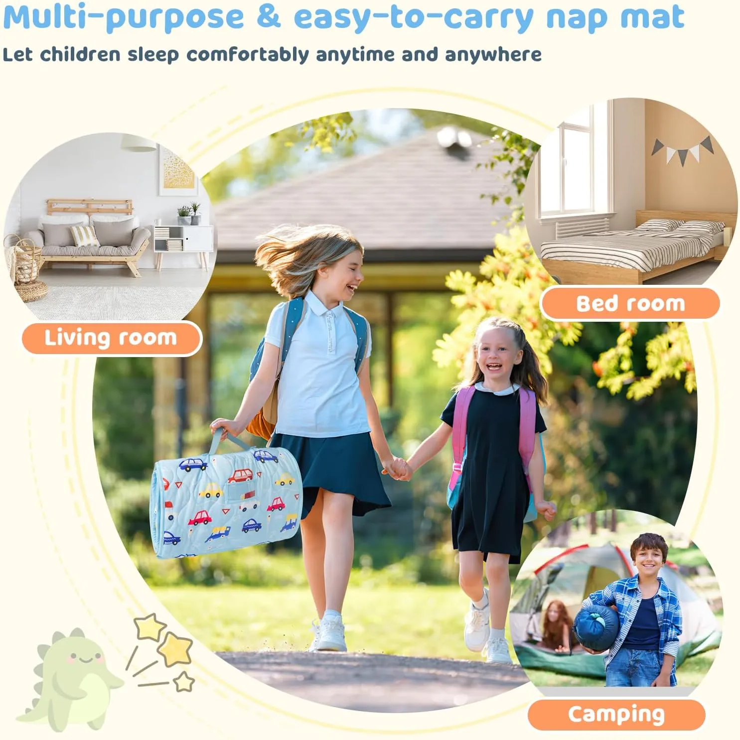 YCDTMY Nap Mats with Pillow 55‘’*29‘’, Cotton Toddler Sleeping Bag with Removable Minky Blanket, Daycare Nap Mat for Preschool Kindergarten, Kids Sleep Mat Napping Mat for 2-7 Years, Blue Car