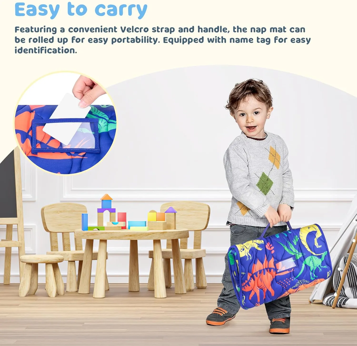 YCDTMY Toddler Nap Mat Thickened Extra Large 55‘’*29‘’ for 2-7 Years, Daycare Nap Mats with Removable Minky Blanket and Pillow, Preschool Kids Sleeping Bag Kindergarten Sleeping mat, Blue Dinosaur