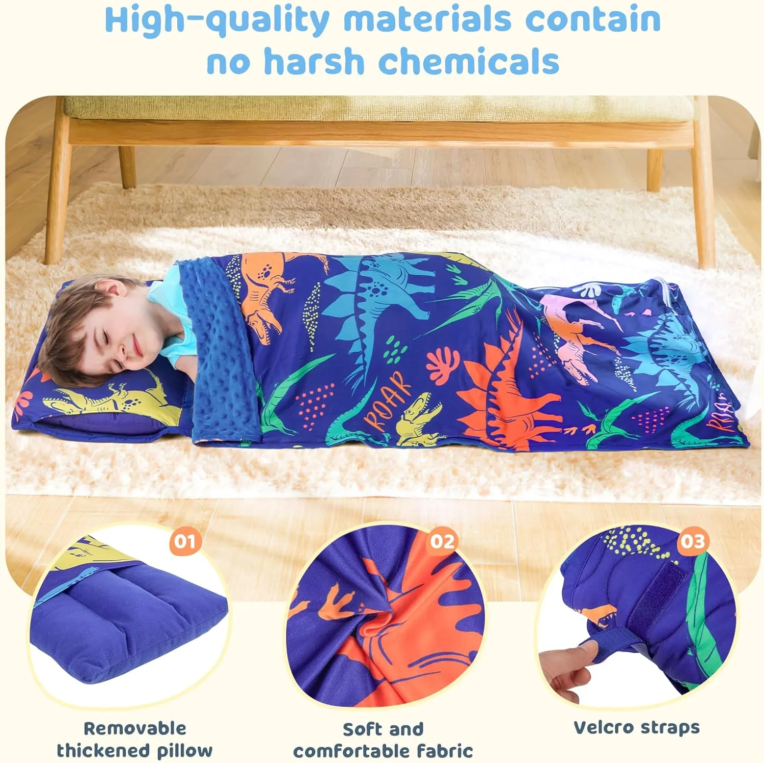 YCDTMY Toddler Nap Mat Thickened Extra Large 55‘’*29‘’ for 2-7 Years, Daycare Nap Mats with Removable Minky Blanket and Pillow, Preschool Kids Sleeping Bag Kindergarten Sleeping mat, Blue Dinosaur
