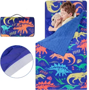 YCDTMY Toddler Nap Mat Thickened Extra Large 55‘’*29‘’ for 2-7 Years, Daycare Nap Mats with Removable Minky Blanket and Pillow, Preschool Kids Sleeping Bag Kindergarten Sleeping mat, Blue Dinosaur