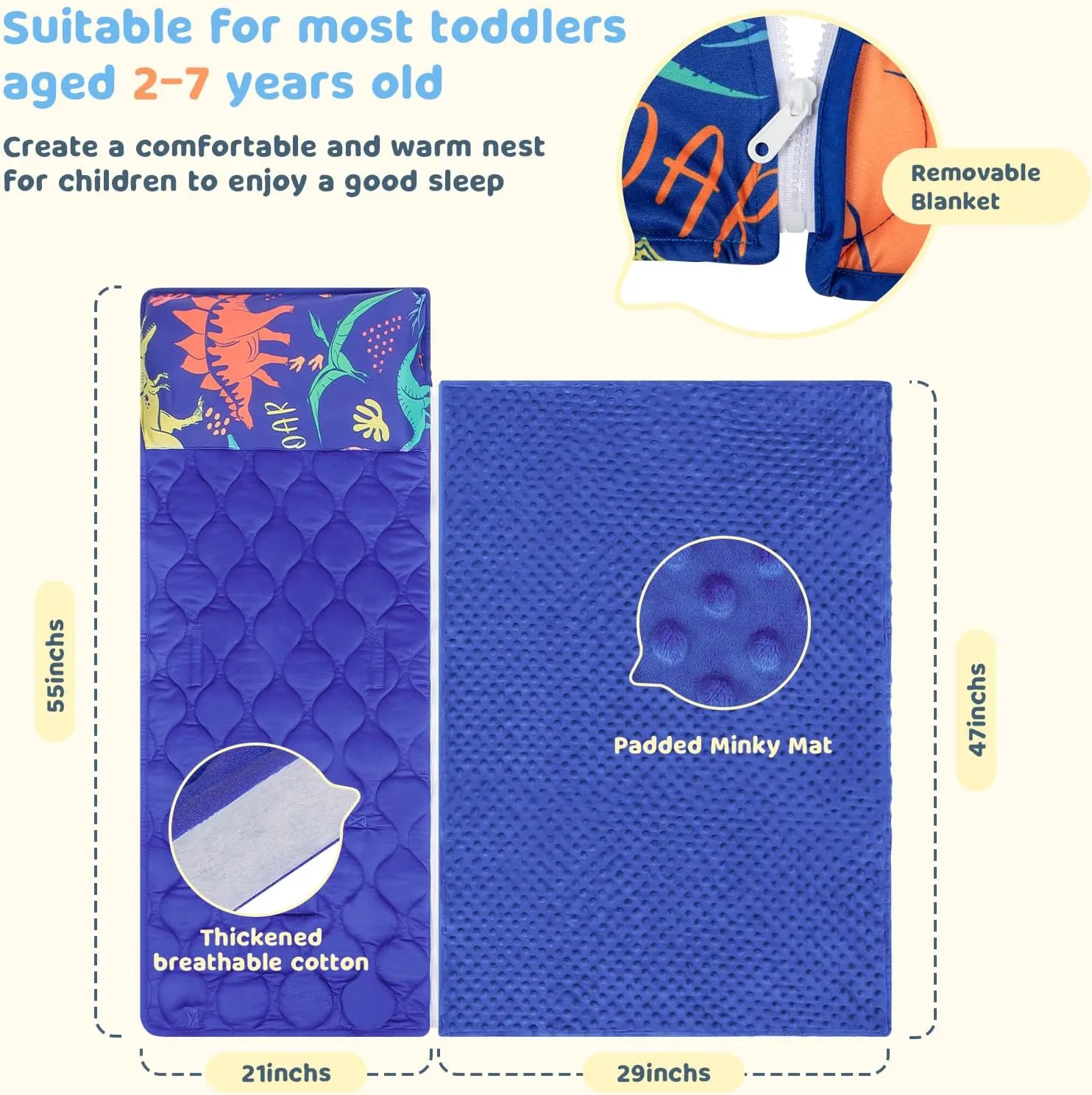 YCDTMY Toddler Nap Mat Thickened Extra Large 55‘’*29‘’ for 2-7 Years, Daycare Nap Mats with Removable Minky Blanket and Pillow, Preschool Kids Sleeping Bag Kindergarten Sleeping mat, Blue Dinosaur