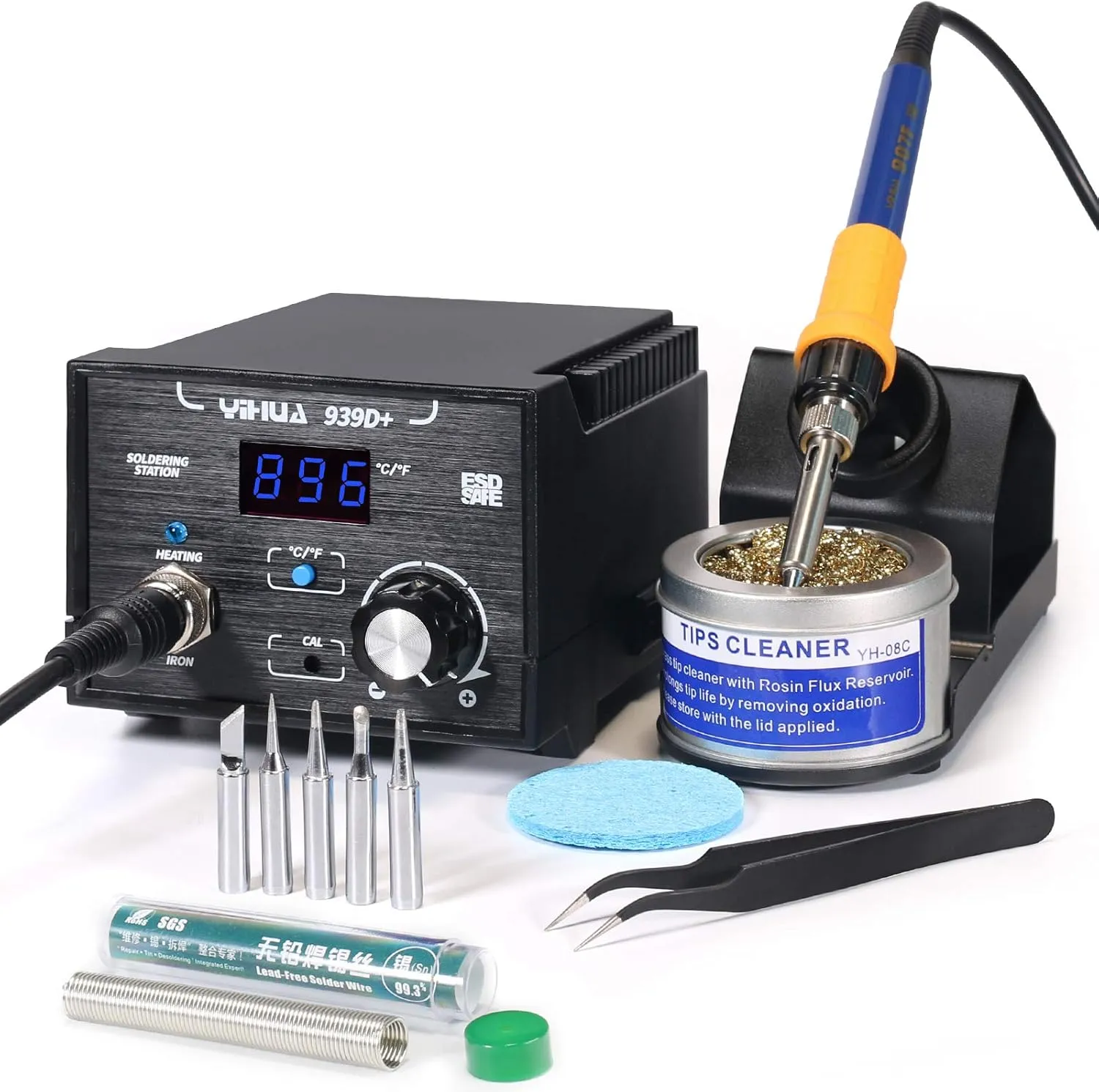 YIHUA 939D  Digital Soldering Station, 75W Equivalent with Precision Heat Control (392°F to 896°F) and Built-in Transformer. ESD Safe, Lead Free with °C/°F display (Black)