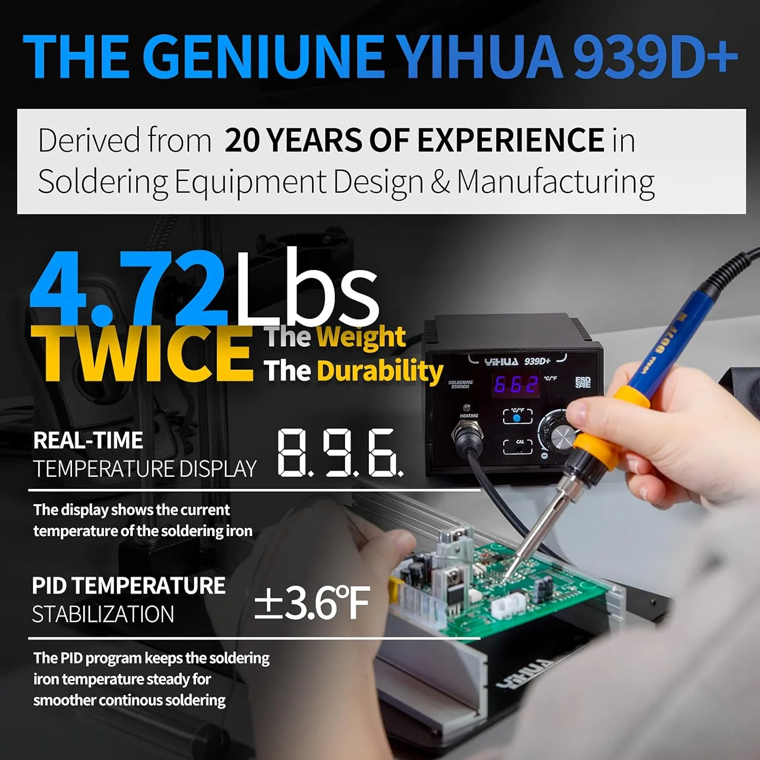 YIHUA 939D  Digital Soldering Station, 75W Equivalent with Precision Heat Control (392°F to 896°F) and Built-in Transformer. ESD Safe, Lead Free with °C/°F display (Black)