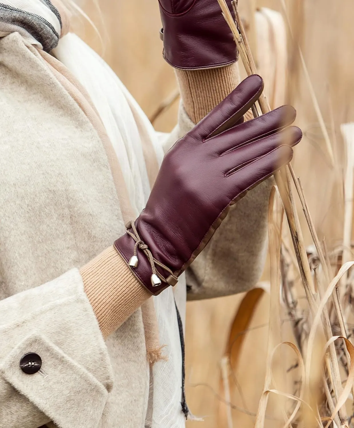 YISEVEN Women Sheepskin Leather Gloves Rope Knot
