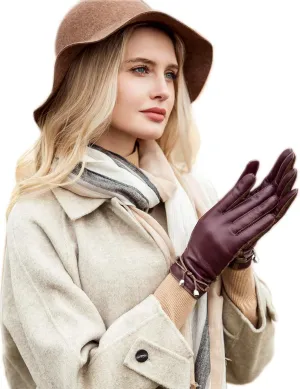 YISEVEN Women Sheepskin Leather Gloves Rope Knot