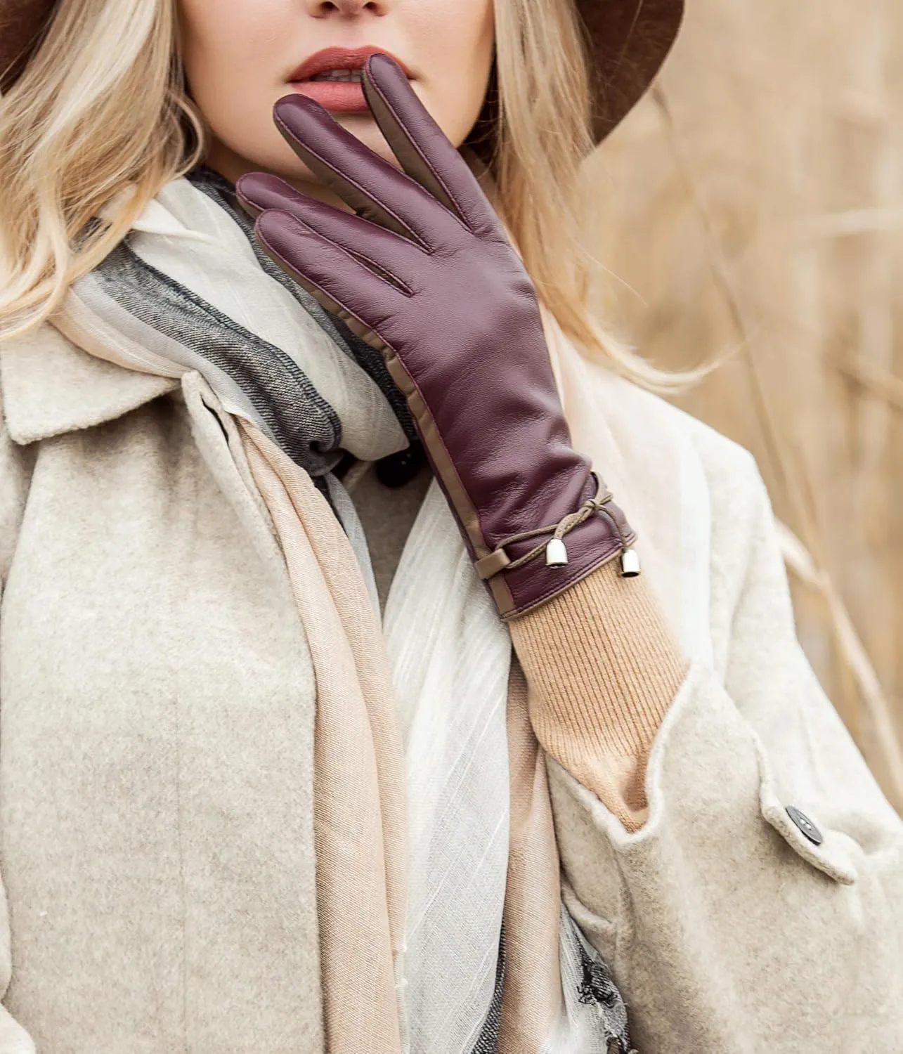YISEVEN Women Sheepskin Leather Gloves Rope Knot