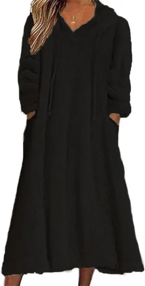 Yoolin Womens Fall Winter Fuzzy Fleece Hooded Long Dress Plus Size Sherpa Long Sleeve Nightgown with Pockets
