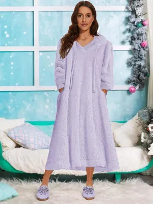 Yoolin Womens Fall Winter Fuzzy Fleece Hooded Long Dress Plus Size Sherpa Long Sleeve Nightgown with Pockets