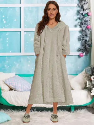 Yoolin Womens Fall Winter Fuzzy Fleece Hooded Long Dress Plus Size Sherpa Long Sleeve Nightgown with Pockets