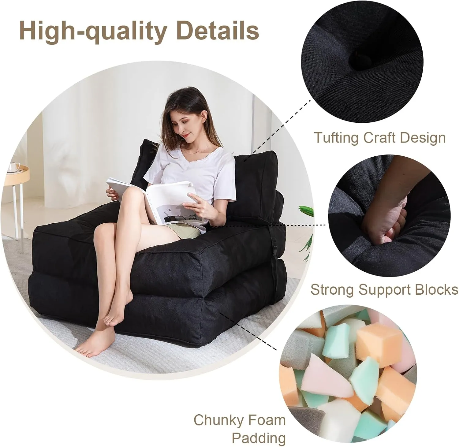 YOSHOOT Folding Couch Sofa Bed, Convertible Sleeper Chairs with Back Support, Foldable Futon Mattress with Pillow, Portable Fold Out Chair Bed Floor Mattress Floor Couch for Living Room,Bedroom