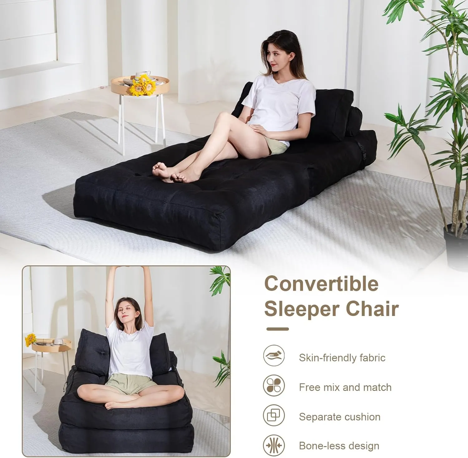 YOSHOOT Folding Couch Sofa Bed, Convertible Sleeper Chairs with Back Support, Foldable Futon Mattress with Pillow, Portable Fold Out Chair Bed Floor Mattress Floor Couch for Living Room,Bedroom