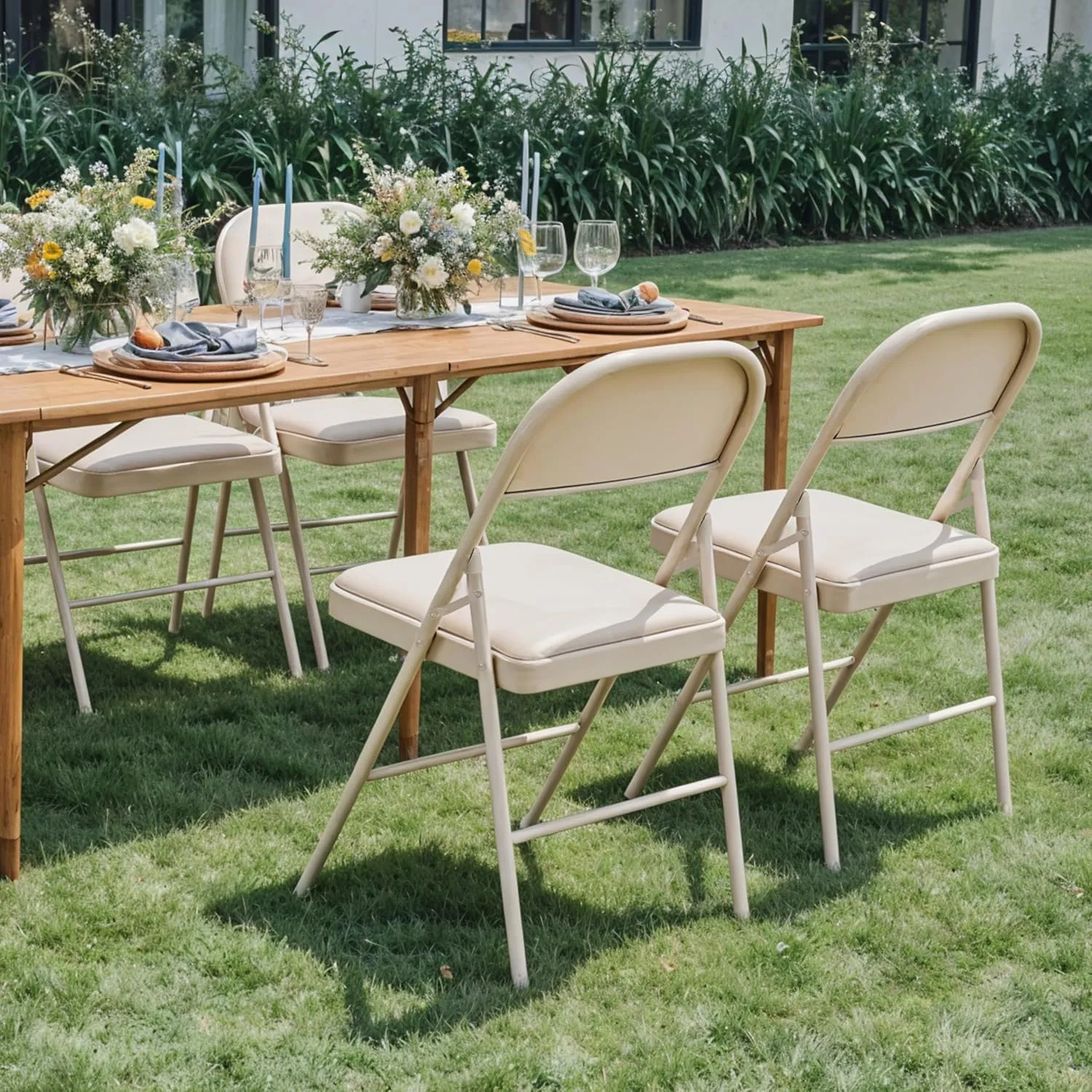 YSSOA 2 Pack Folding Chairs with Padded Vinyl Cushion Seats & Durable Metal Frame for Indoor Outdoor Parties, Home, Office, Commercial Event, Comfortable, Foldable, Portable and Stackable, Vinyl Kahki