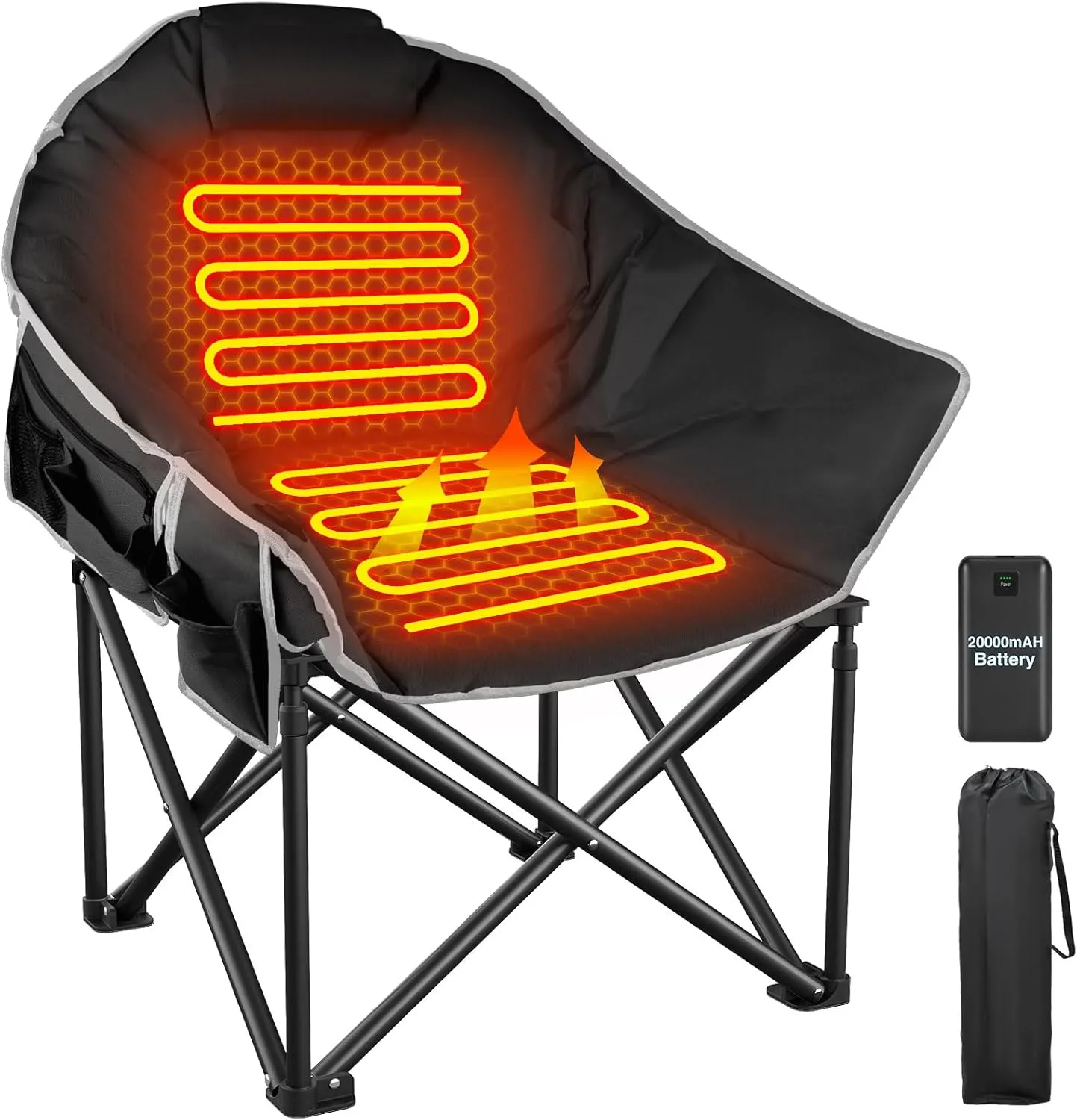 ZENPETIO Heated Camping Chair, Oversized Heated Chair for Adults Outdoor Sports, Dual Heating Zones with 3 Levels, Portable Folding Heated Chairs for Camp, Sports, Lawn with 20000mAh Battery