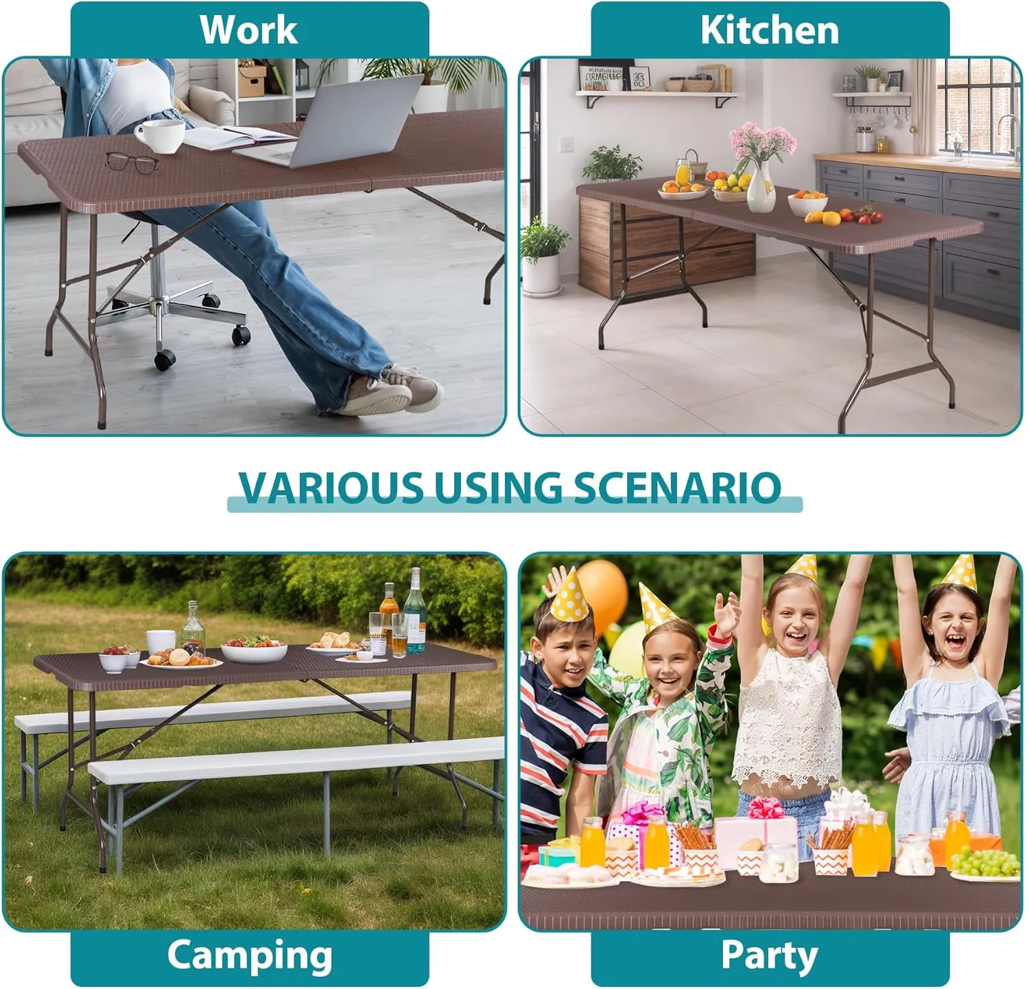 ZENY 6ft Portable Folding Table Plastic Indoor Outdoor Picnic Party Camp Dining Table with Handle (Brown, 71" x 27")