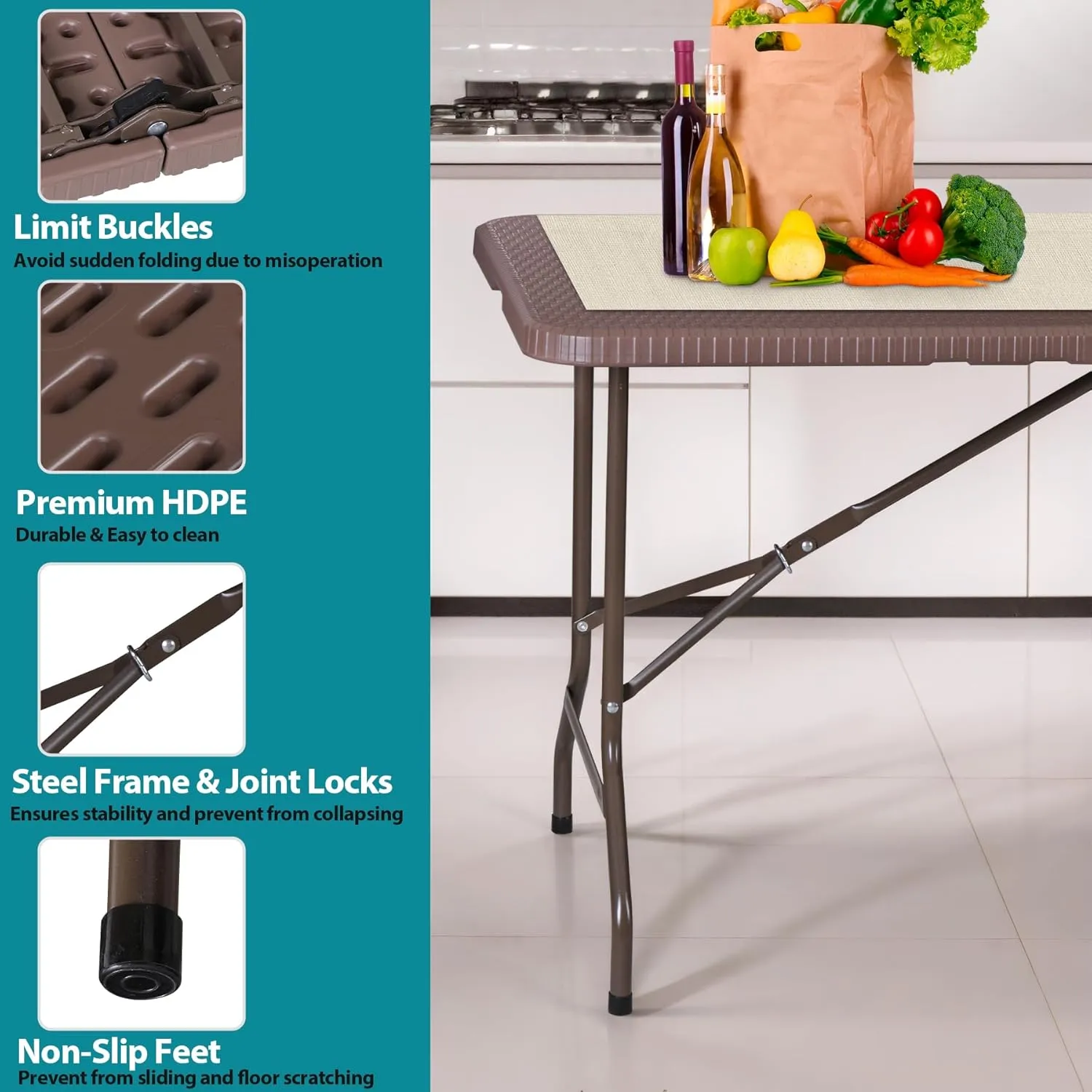 ZENY 6ft Portable Folding Table Plastic Indoor Outdoor Picnic Party Camp Dining Table with Handle (Brown, 71" x 27")